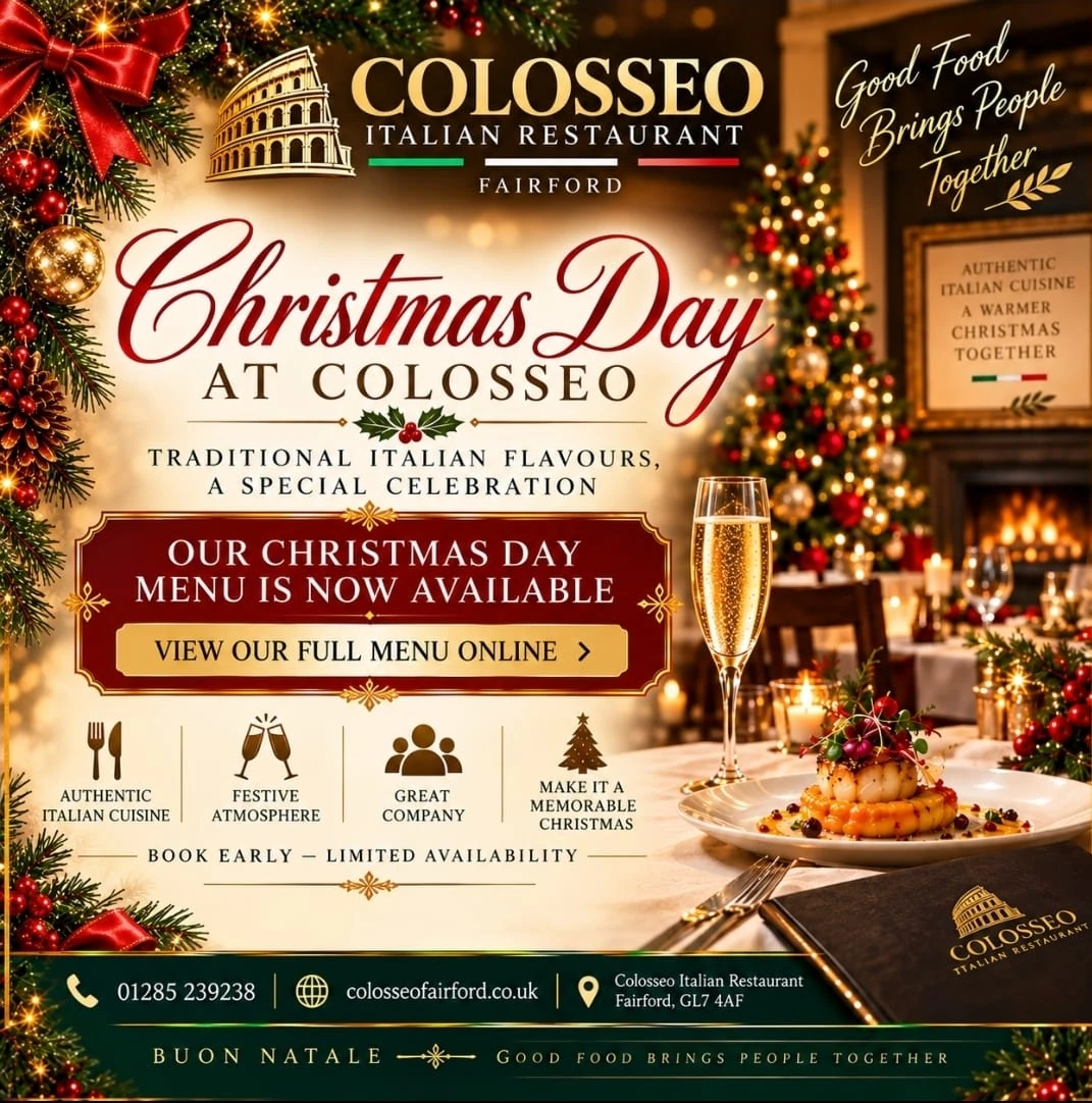 Christmas 2026 Colosseo Italian Restaurant Fairford Christmas Menu 2026, four courses at £80 per person