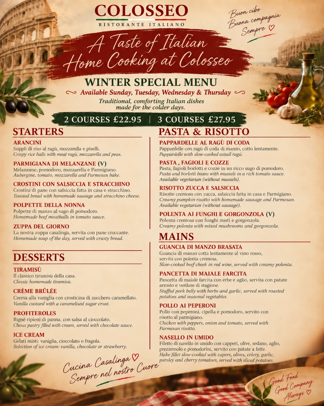 Colosseo Winter Special Menu, traditional Italian dishes, 2 courses £22.95 or 3 courses £27.95